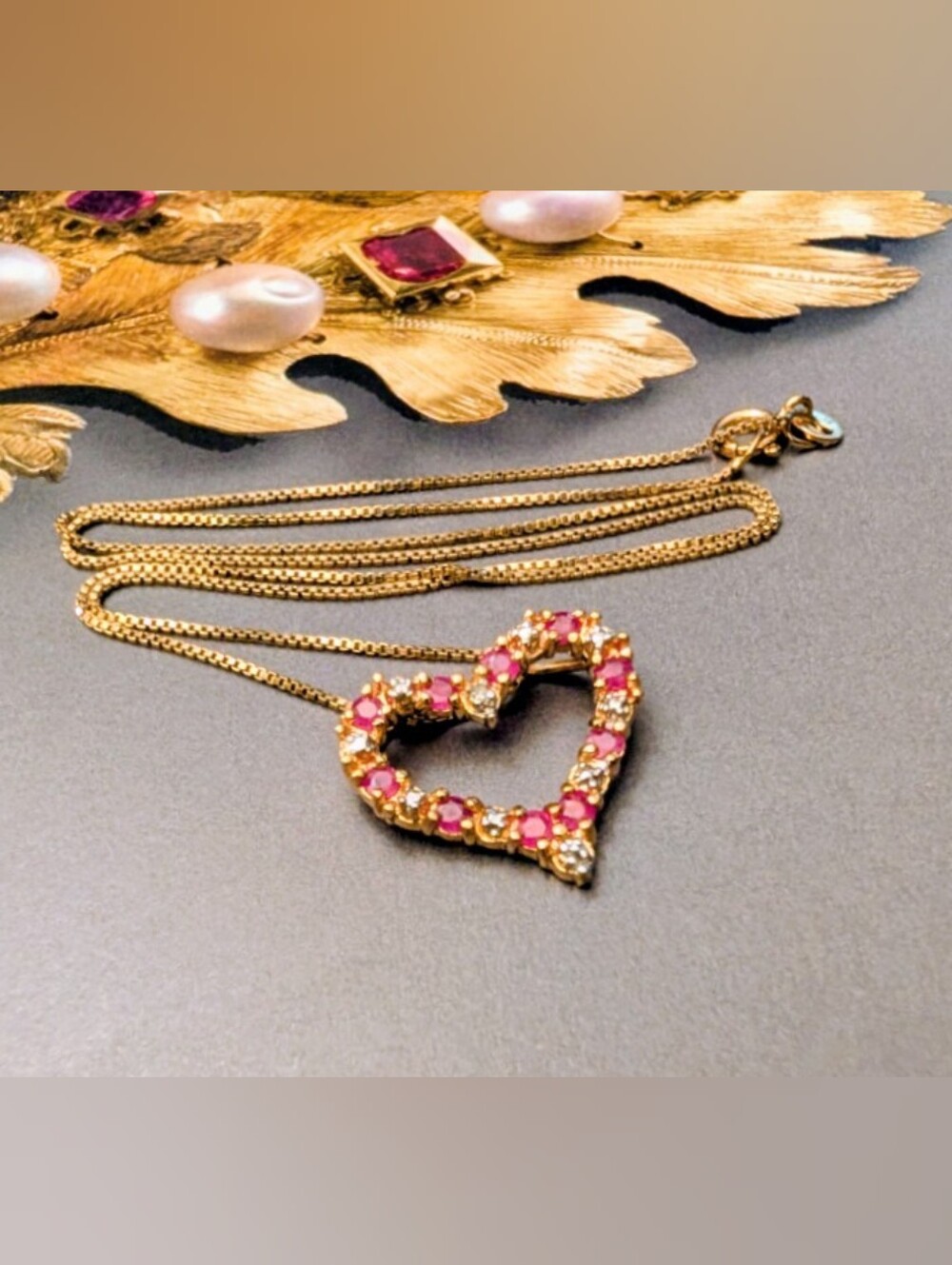 Vintage Ruby Diamond Heart Necklace Vermeil Ross Simmons